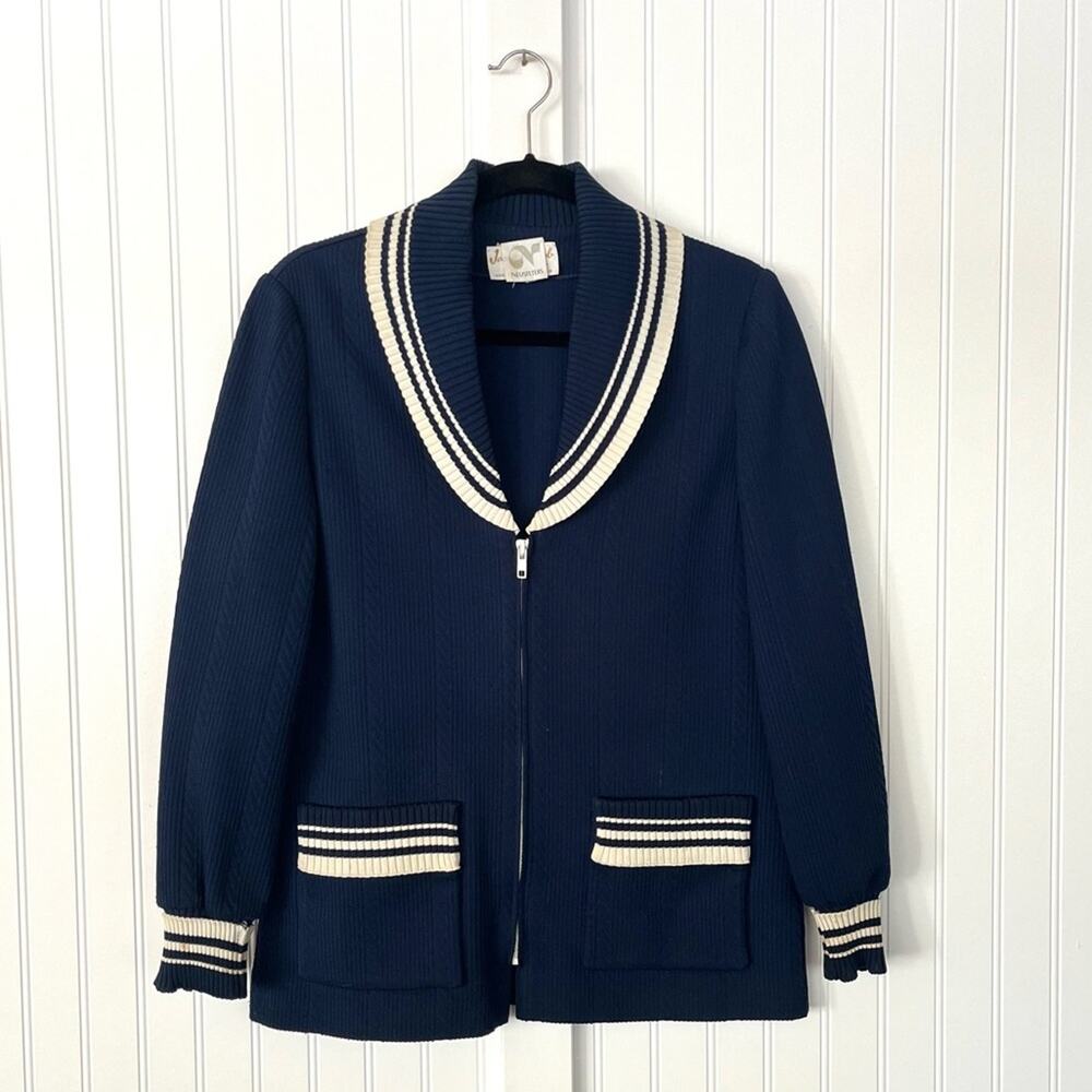 Vintage 70's Navy Blue and White Striped Cardigan Tennis Sweater Jacket Full Zip